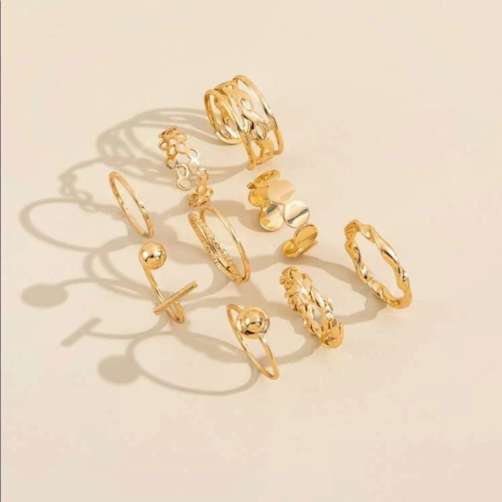 Gold 9pc Geometric Ring Set - Picture 2 of 2
